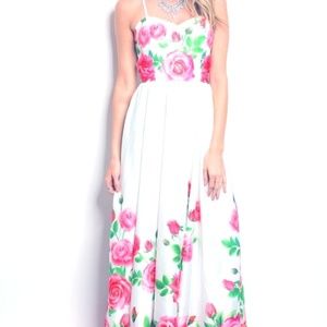 WHITE BEATIFUL ROSES PRINT LONG NIGHT DRESS